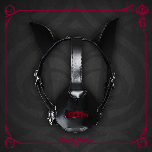 Leather Canine Dog Mask with Silicone Ball Gag and Ears Hood