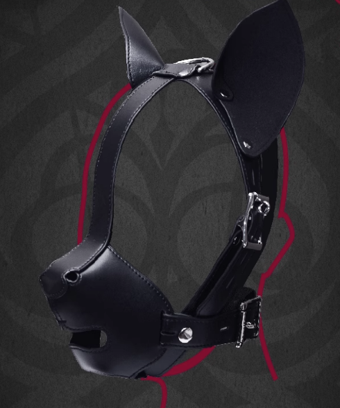 Leather Canine Dog Mask with Silicone Ball Gag and Ears Hood